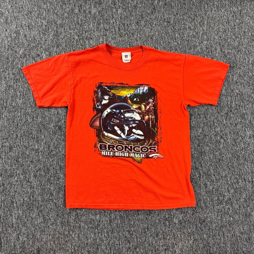 Vintage Denver Broncos Mile High Magic Graphic Heavyweight T-Shirt Orange Large